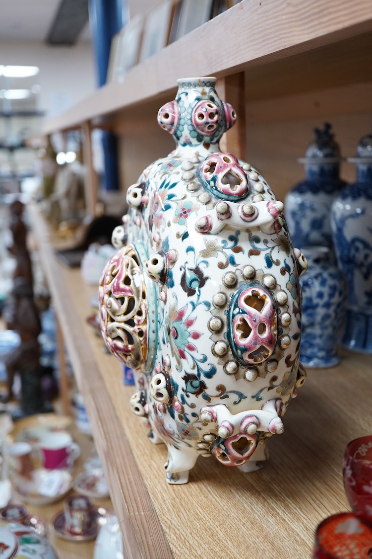 A Zsolnay Pecs Hungarian Persian inspired double walled moon flask, 31cm high